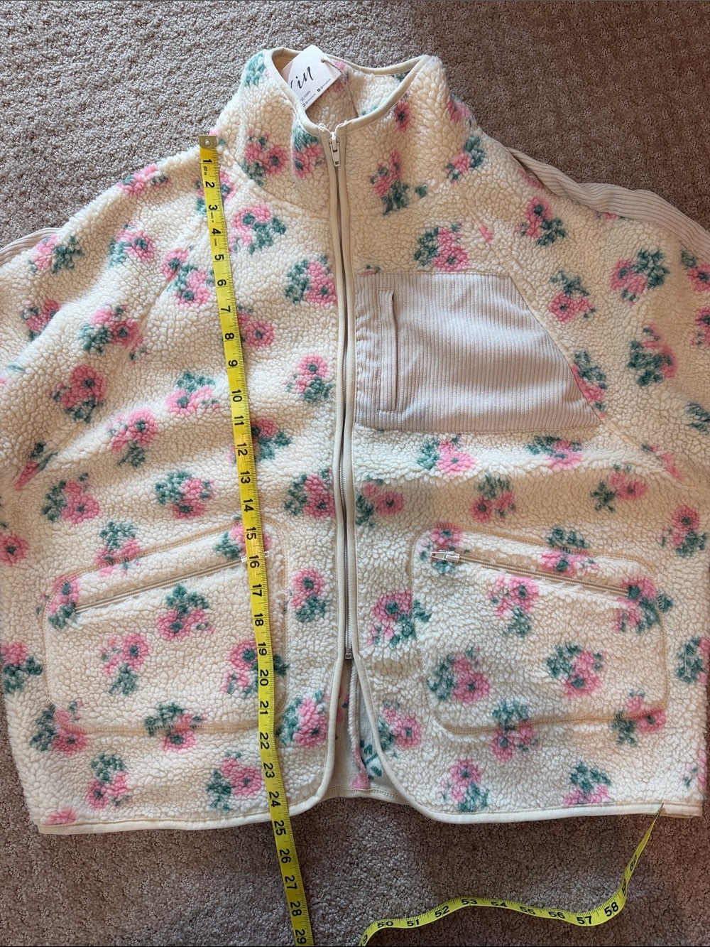 Cream Floral SherpaTeddy zip up with Pink Floral Print - Picture 12 of 12